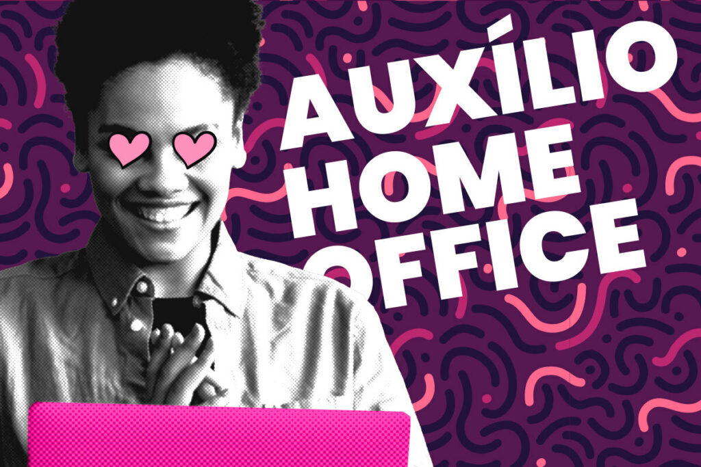 uma mulher mexendo no computador escrito atrás dela "auxílio home office"