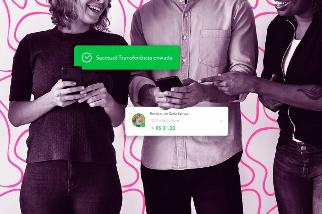 Três pessoas mexendo no celular. Próximo ao celular da pessoa da esquerda tem uma mensagem de "Sucesso! Transferência enviada". Abaixo do celular da do meio possui uma notificação sinalizando que recebeu uma transferência. A pessoa da direita está apontando para o celular da pessoa do meio.
