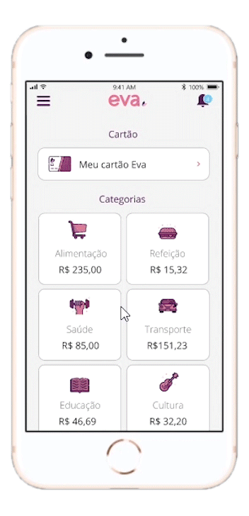 Uma gravação de tela do aplicativo da Eva Benefícios exibindo as etapas para realizar uma transferência de saldo entre colaboradores