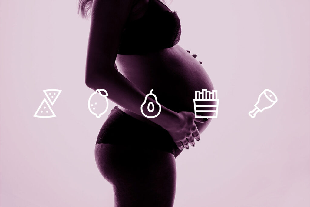 mulher gestante ao fundo e alguns ícones de alimentos