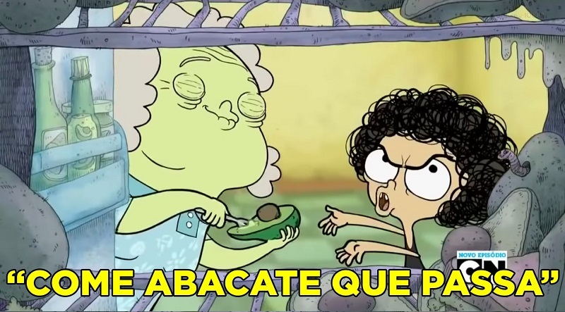 Imagem do desenho "Irmão do Jorel" com o protagonista homônimo e a Vovó Juju pegando abacate com uma colher. No texto está escrito "come abacate que passa".