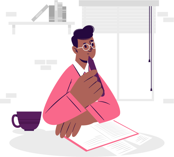 ilustração de um homem sentado com um braço apoiado num caderno e outra mão segurando numa caneta próxima ao seu rosto