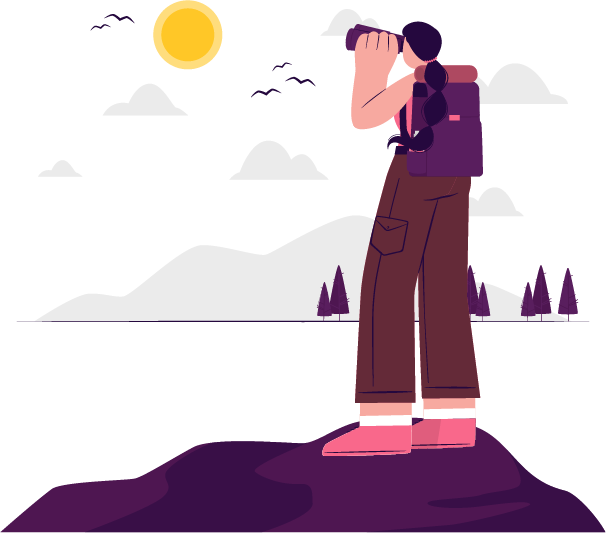 Ilustração de uma mulher olhando uma paisagem no binóculos