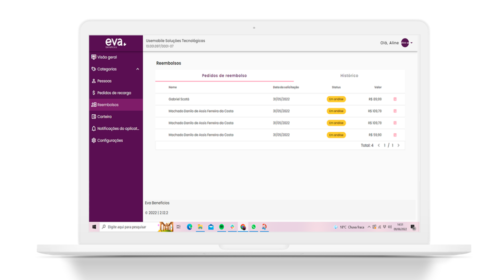 Tela de reembolso do Dashboard da Eva 1