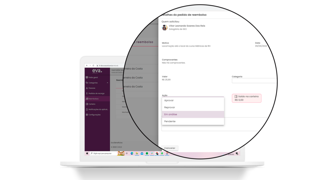 Tela de reembolso do dashboard da Eva 2.2
