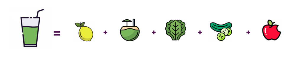 Receita de suco verde = limão + coco + couve + pepino + maçã
