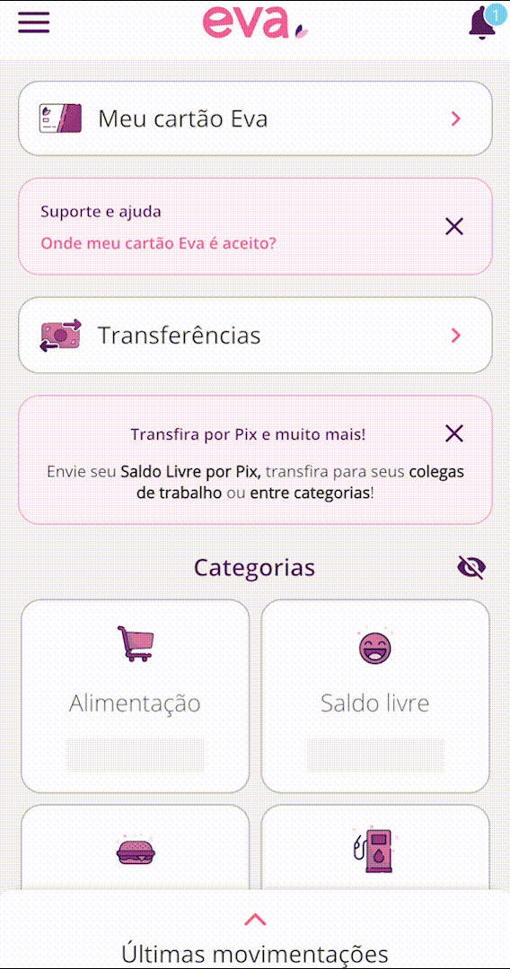 No GIF, está mostrando as telas do aplicativo da Eva Benefícios enquanto um usuário realiza uma transferência Pix.