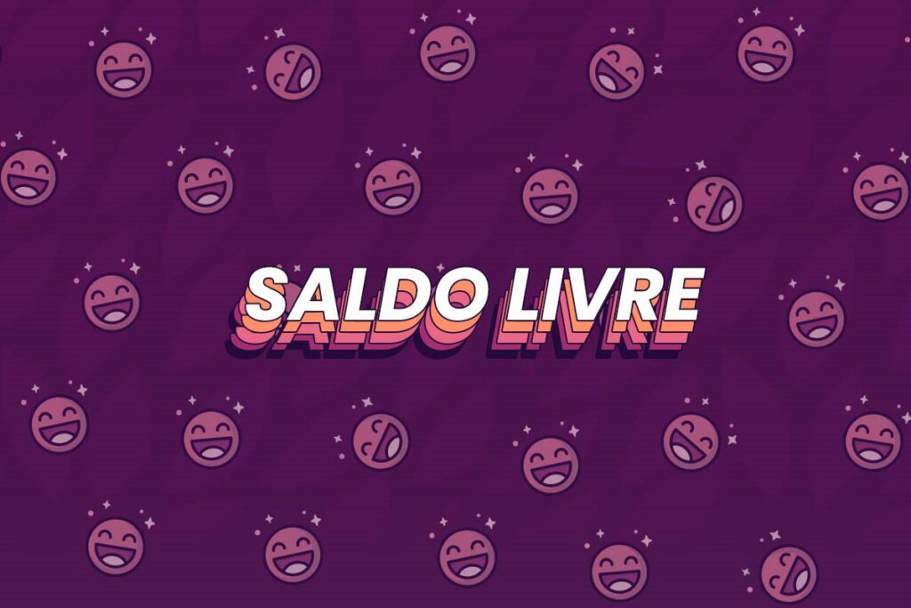 Fundo roxo com pequenos emojis de sorrisos em cor rosa. 'Saldo Livre' escrito no centro.