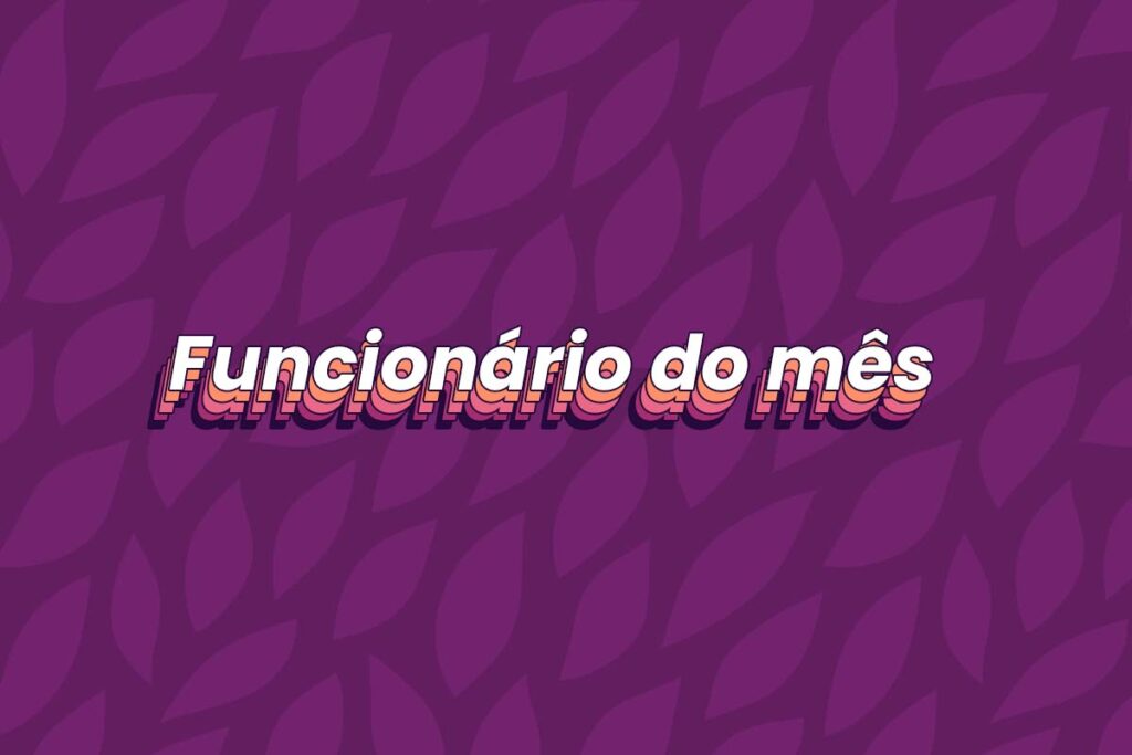 Folhas roxas claras sobre um fundo em um tom roxo ainda mais escuro. No centro da imagem está escrito 'funcionário do mês'.