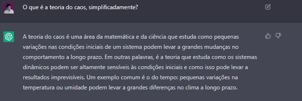 Explicação do ChatGPT sobre a teoria do caos.
