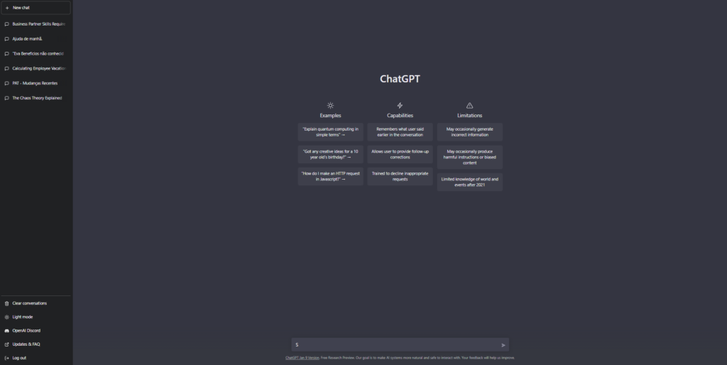 Tela principal do Chatbot ChatGPT.