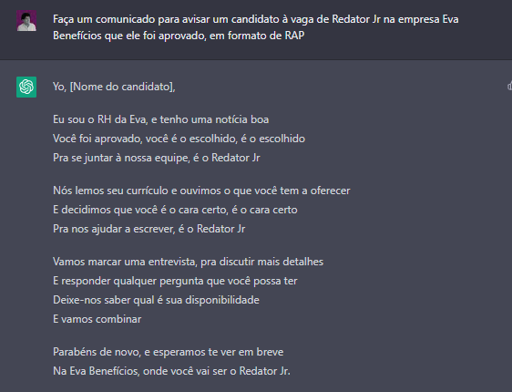Rap feito pelo ChatGPT sobre a aprovação do candidato numa vaga da Eva.