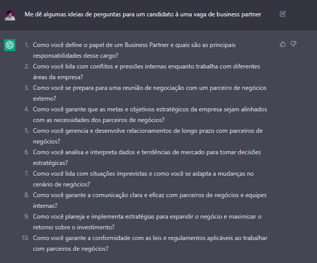 Ideias de perguntas para entrevista de emprego de Business Partner.