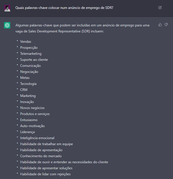 Principais palavras-chave indicadas pelo ChatGPT para uma vaga de SDR.