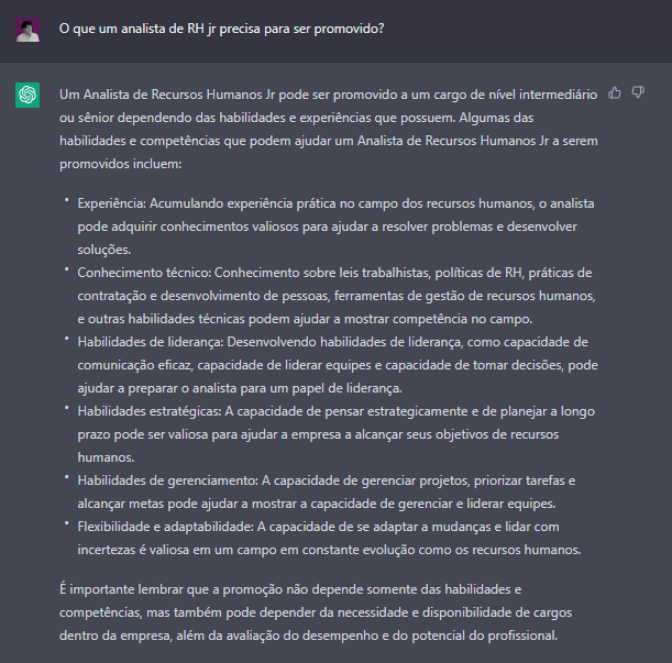 Resposta do ChatGPT para a pergunta 'O que um Analista de RH jr precisa para ser promovido?'