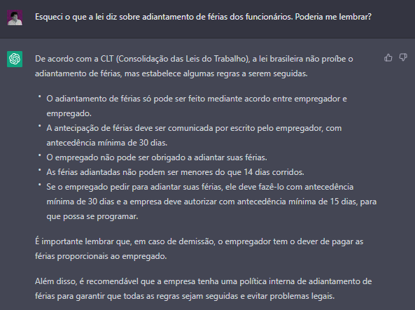 O que a lei diz sobre adiantamento de férias, segundo o ChatGPT.