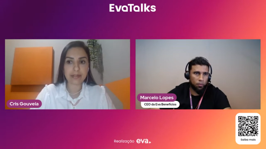 Psicóloga Cris Gouveia e Marcelo Lopes, CEO da Eva no 1° Eva Talks.