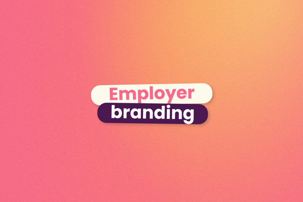 Fundo com degradê do rosa para o laranja e, no centro da imagem, escrito 'employer branding', que pode ser traduzido para 'marca empregadora'.
