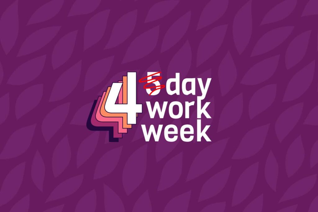 Fundo com padrão de folhas roxas e, no centro da imagem, 'semana de quatro dias úteis' ou '4-day workweek'.