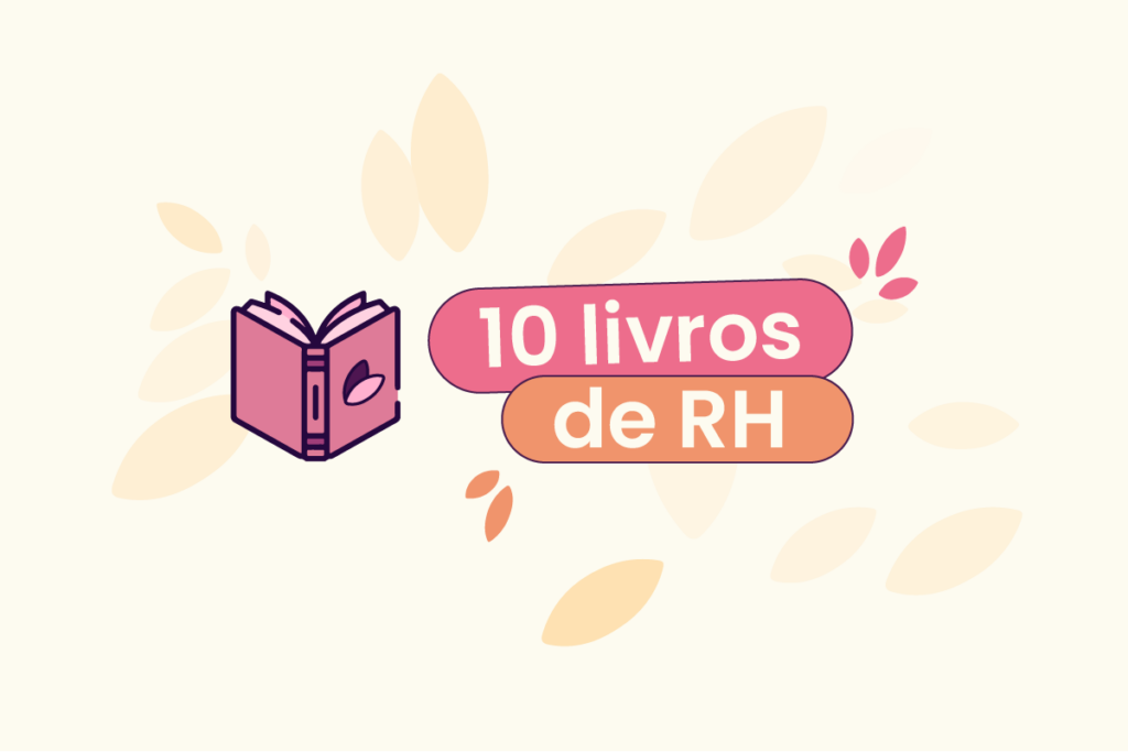 Fundo bege com silhuetas de folhas espalhadas. No centro da imagem um livro ao lado esquerdo do título 'livros de rh'.