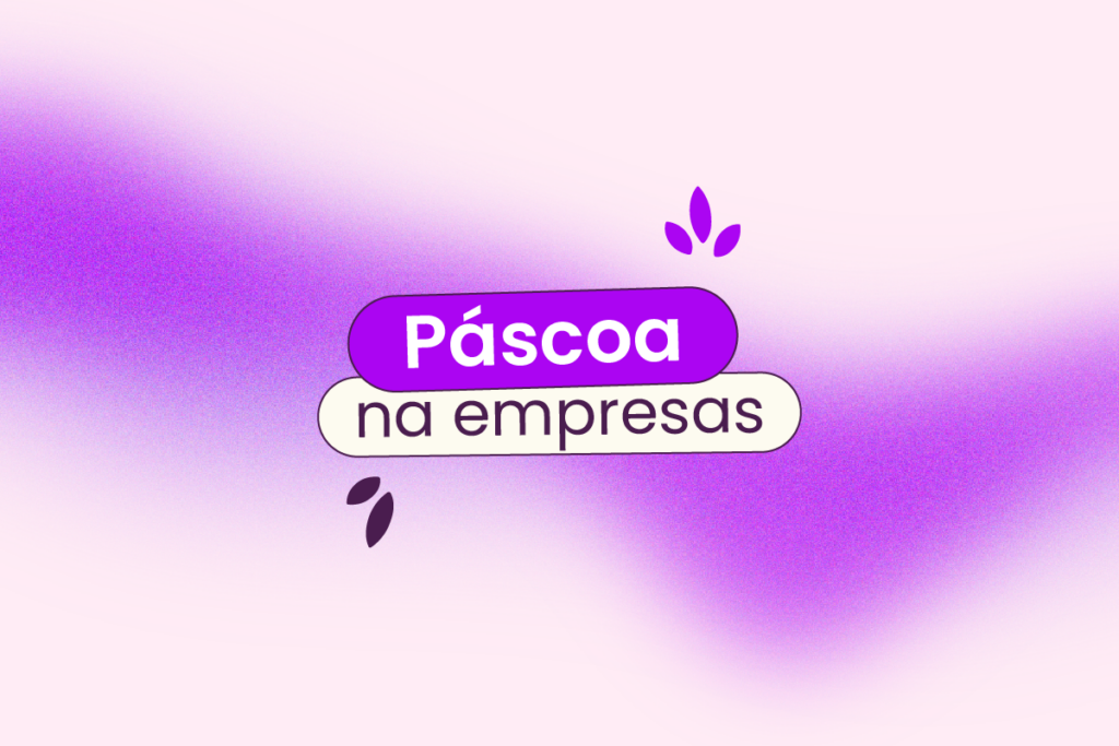 Capa com fundo rosa claro e com uma onda roxa cortando o meio. No centro da imagem está escrito 'Páscoa nas empresas'.