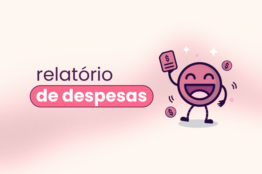 Fundo rosa claro com faixa rosa cortando o meio da imagem na horizontal. O título "relatório de despesas corporativas" está ao lado de um rosto feliz.