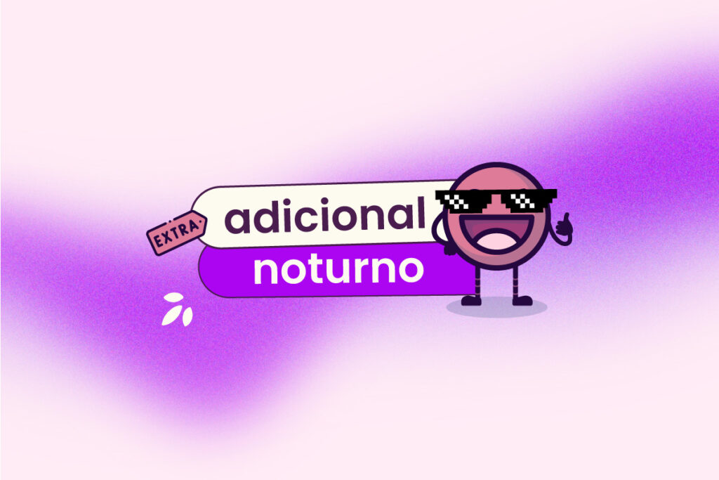 Capa do artigo com fundo rosa com uma listra branca e curvada cortando o meio horizontalmente. No título 'adicional noturno' com uma nota na esquerda e o mascote da Eva na direita.