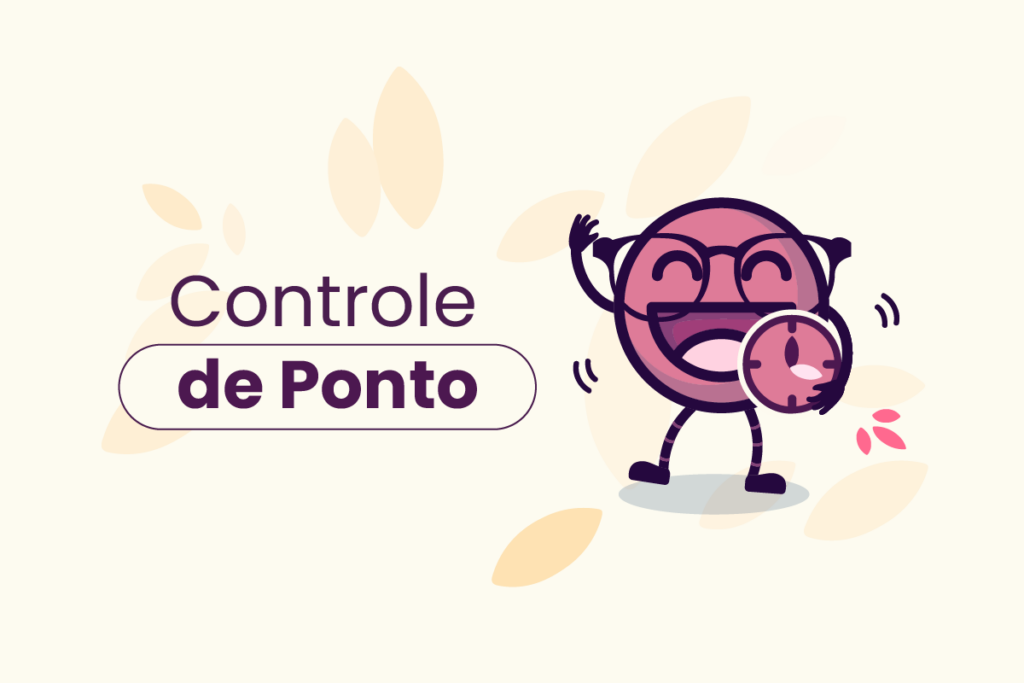 Mascote da Eva segurando relógio analógico e acenando para a câmera. No título 'controle de ponto'.