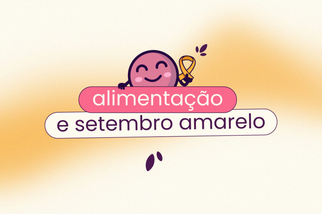 Fundo amarelo. No título "alimentação e setembro amarelo", o texto busca explorar a relação de nutrição e saúde mental. Em cima do título está Ivo, o mascote da Eva.