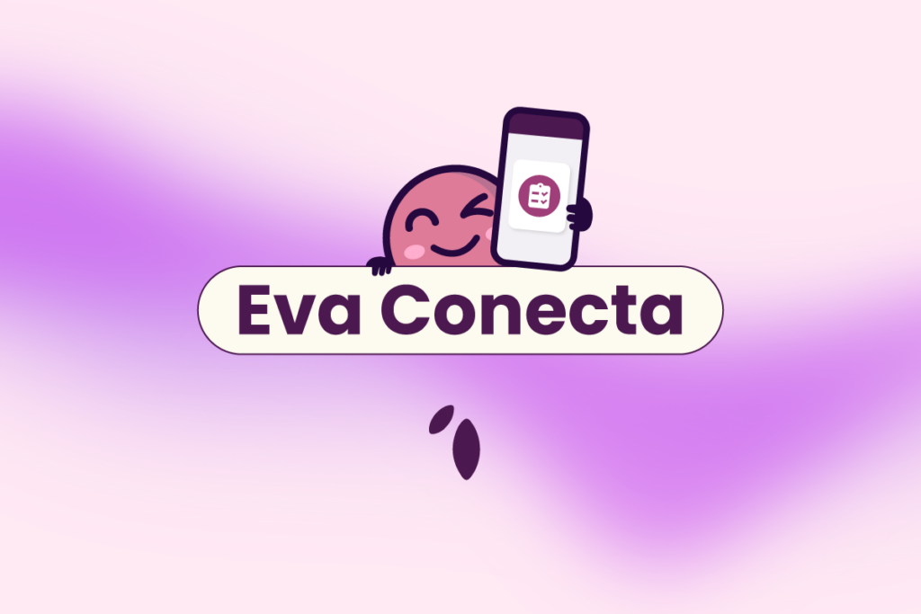 Ivo, mascote da Eva, segurando o celular com a logo do Eva Conecta, que também está escrito no título.
