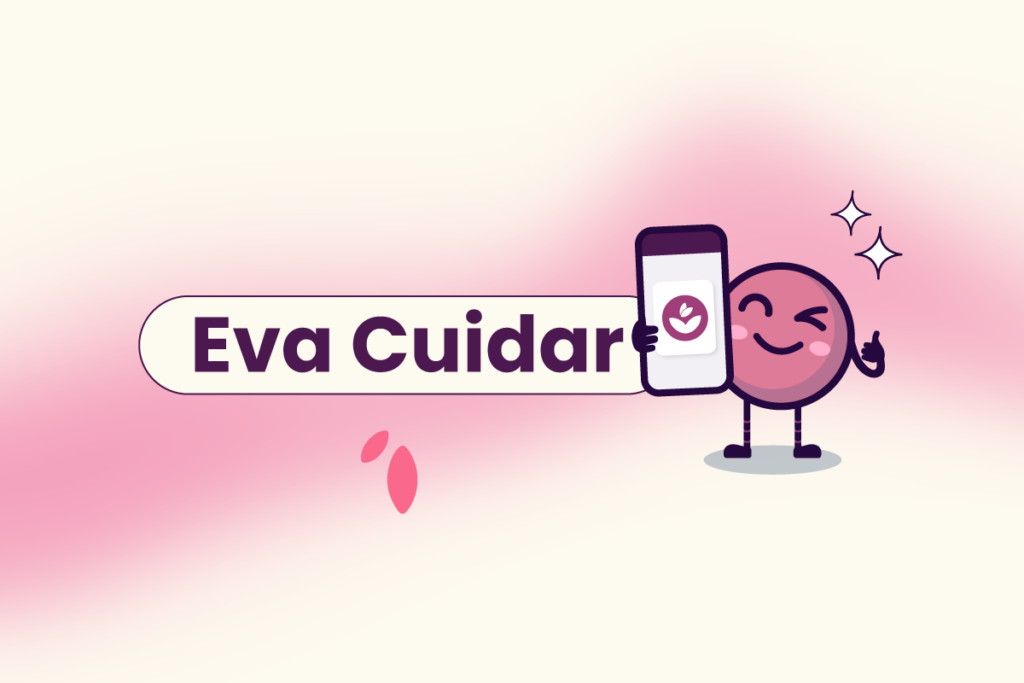 Texto explicando o que é o Eva Cuidar, a solução de bem-estar corporativo da Eva Benefícios. Ao lado do título, o Ivo, o mascote da Eva segurando o celular.
