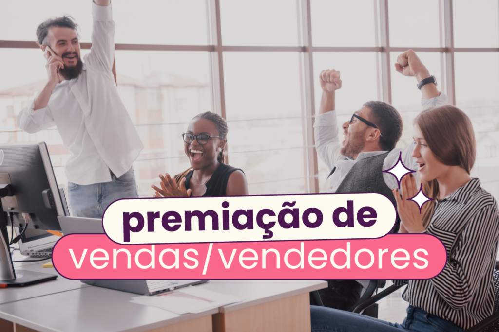 Pessoas com mãos levantadas e, no título, "premiação de vendas" ou "premiação de vendedores".