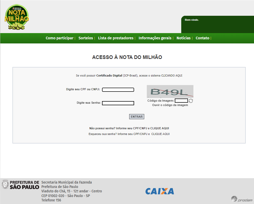 Captura de tela do portal "Nota do Milhão", da Prefeitura de São Paulo.