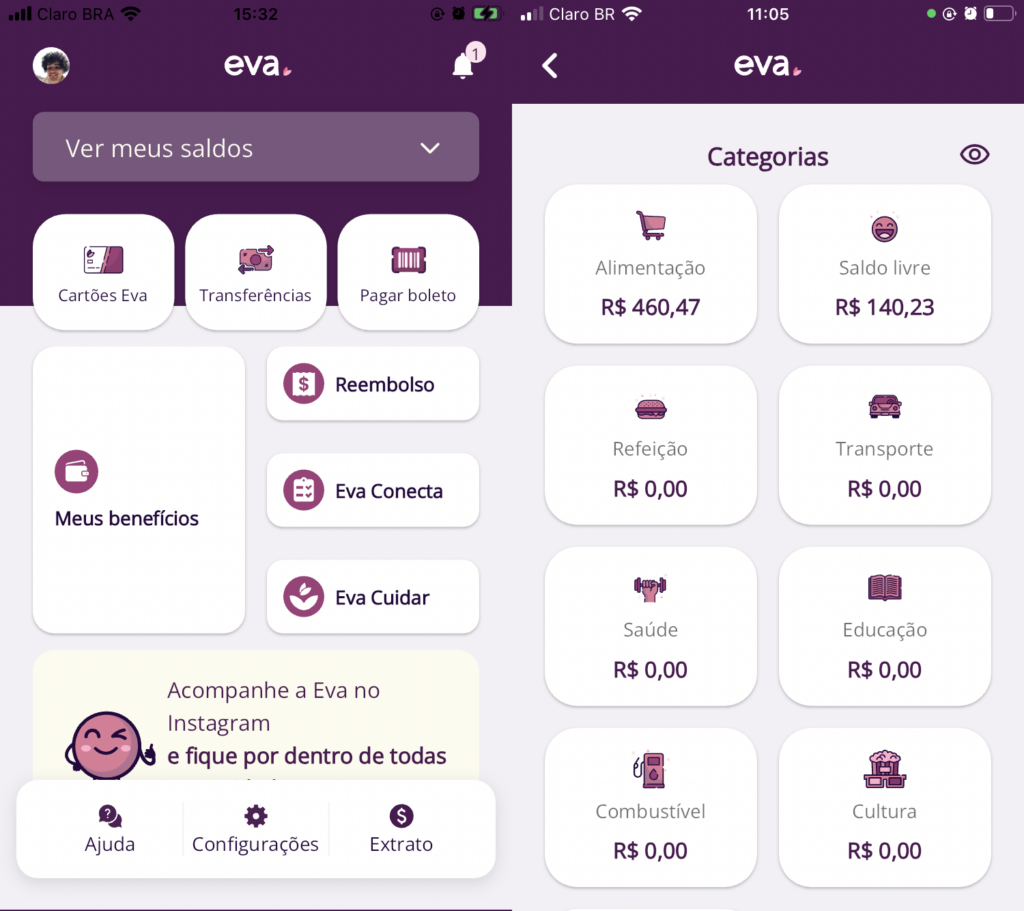 Captura da tela inicial do app da Eva Benefícios, em que é possível ver o saldo do vale-alimentação e refeição, além das outras 6 categorias.