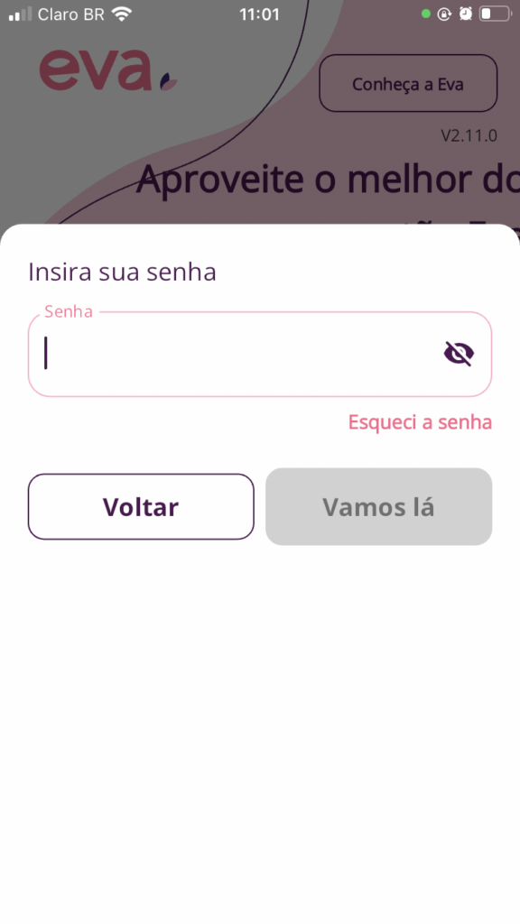 Tela de login do app da Eva Benefícios, no qual é possível ver o saldo do vale-refeição e alimentação.