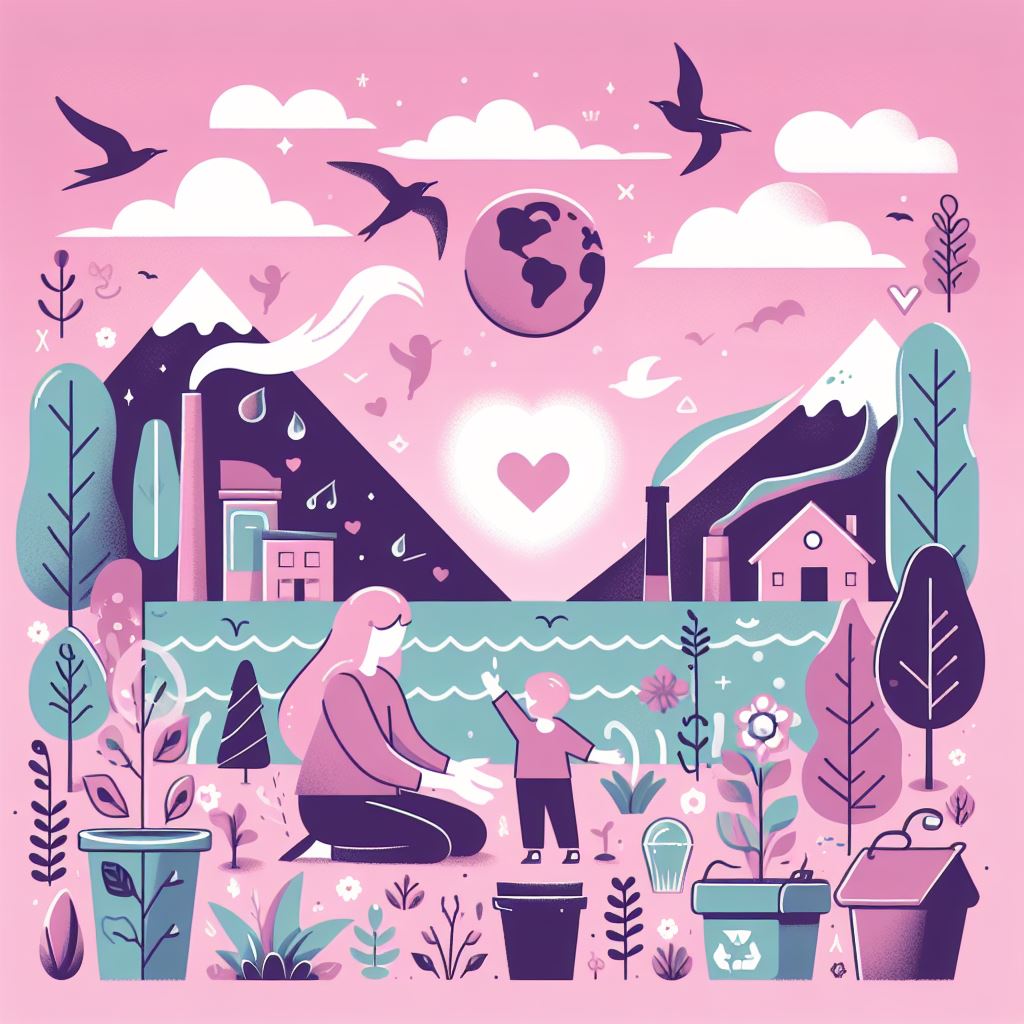 Imagem ilustrativa com uma mulher e uma criança em frente a um lago com montanhas ao fundo. Ilustração digital para o texto de ESG representando o equilíbrio entre o social, ambiental e governança.