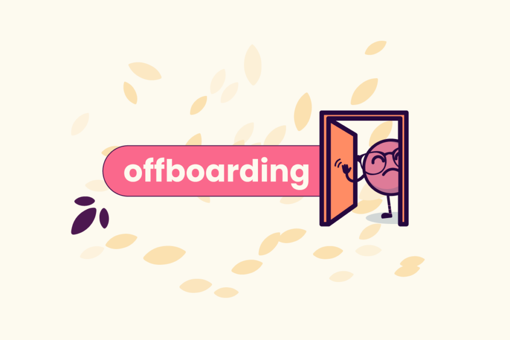 Título 'offboarding' com mascote da Eva dando 'tchau' ao sair por uma porta.