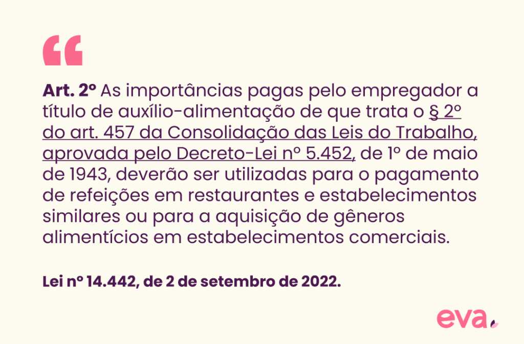 Imagem com o artigo 2° da lei 14.442 de 2 de setembro de 2022, que trata do vale-alimentação e sua obrigatoriedade.