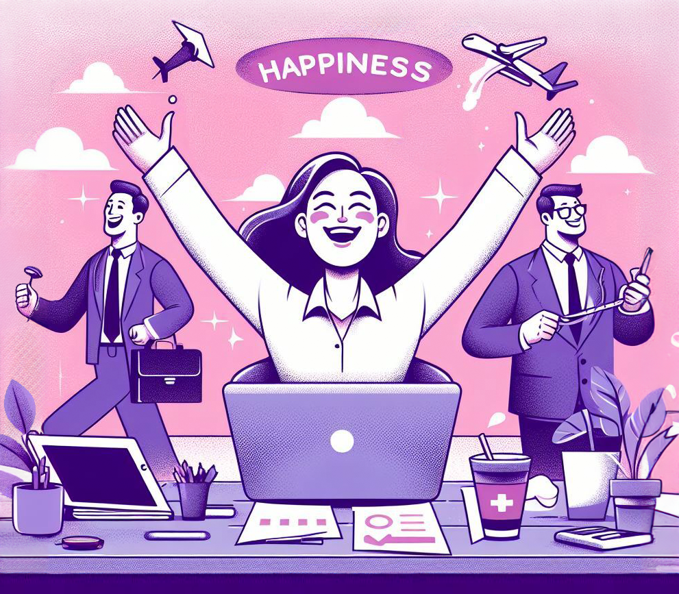 Ilustração com três pessoas, dois homens nos cantos e uma mulher com braços pra cima no meio, felizes no trabalho. No título da imagem: "felicidade".