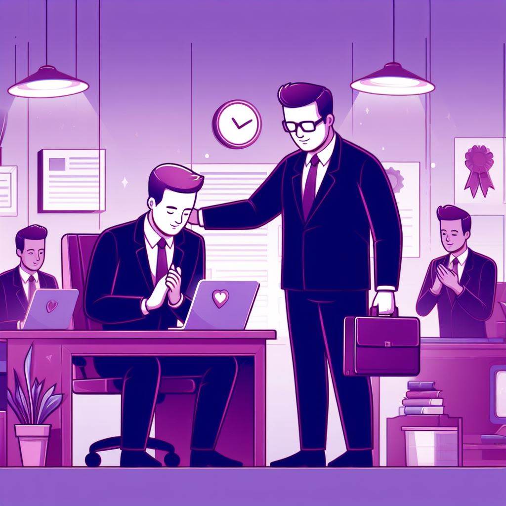 Ilustração em tons roxos do reconhecimento de funcionários da organização.