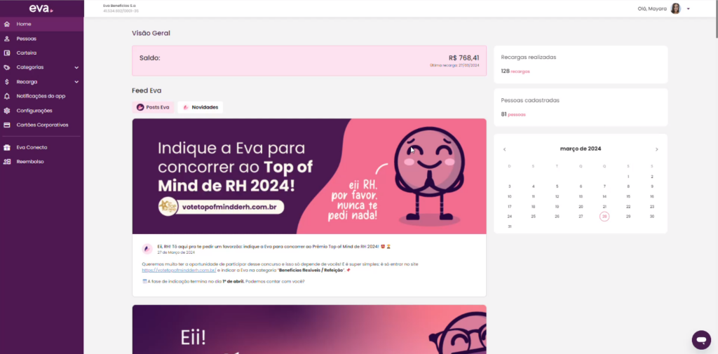Captura de tela da plataforma/dashboard de gerenciamento de benefícios flexíveis da Eva Benefícios.