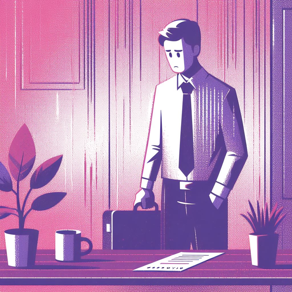 Um funcionário triste após ser demitido. Ilustração digital em estilo grain, com tons roxo e rosa.