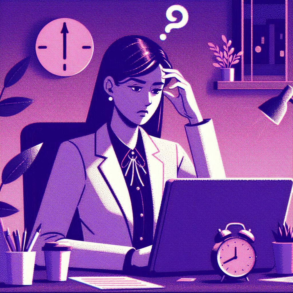 Imagem em tons roxos de uma colaboradora com presenteísmo no trabalho: desmotivada e com dúvidas.