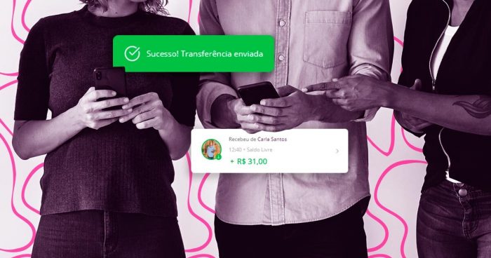 Três pessoas mexendo no celular. Próximo ao celular da pessoa da esquerda tem uma mensagem de "Sucesso! Transferência enviada". Abaixo do celular da do meio possui uma notificação sinalizando que recebeu uma transferência. A pessoa da direita está apontando para o celular da pessoa do meio.