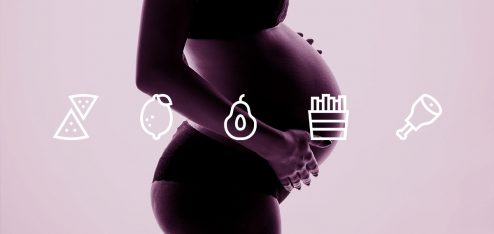 mulher gestante ao fundo e alguns ícones de alimentos