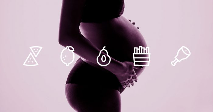 mulher gestante ao fundo e alguns ícones de alimentos