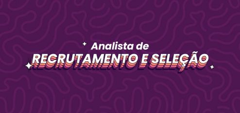 Texto escrito 'Analista de Recrutamento e Seleção. O fundo da imagem é coberto com folhas roxas.