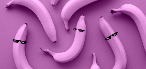 Algumas bananas com óculos sobre uma superfície roxa.