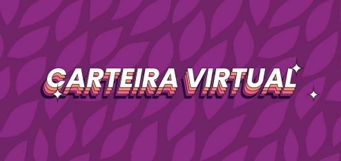 texto 'Carteira Virtual' escrito em frente a um fundo com follhas roxas.