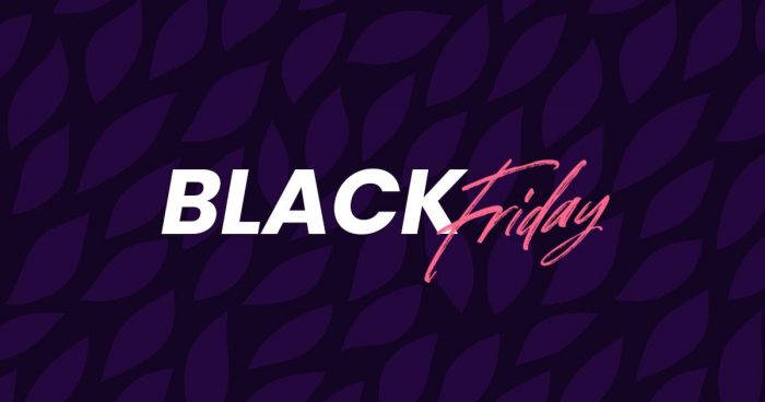 Padrão do fundo da imagem é preto com folhas roxas. Em destaque está escrito 'Black Friday'.